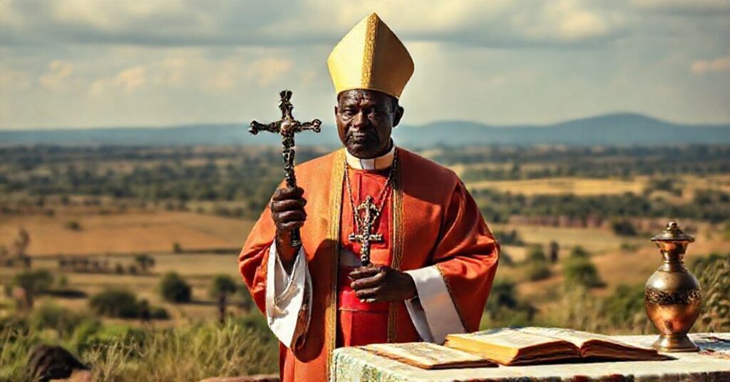 A Catholic bishop in traditional vestments stands solemnly amid Cameroon's political turmoil, holding a crucifix and reflecting on the spiritual crisis.