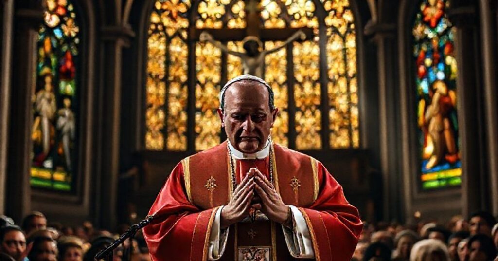 A solemn Catholic bishop in traditional vestments stands before a microphone in a grand cathedral, reflecting on the betrayal of Christ's Social Reign by modern political leaders.