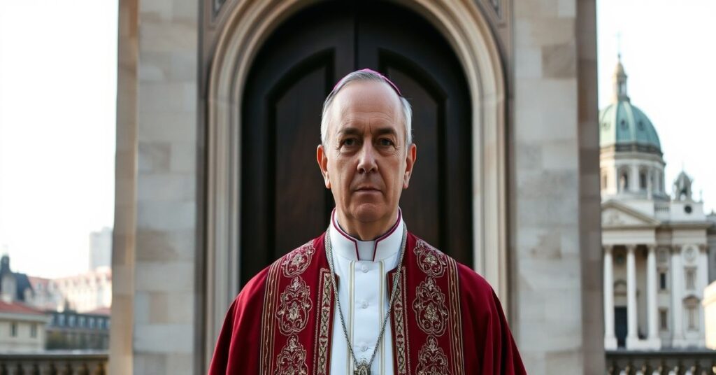 A Catholic bishop stands solemnly before a closed cathedral door, representing the rejection of apostasy and heresy in the modern world.