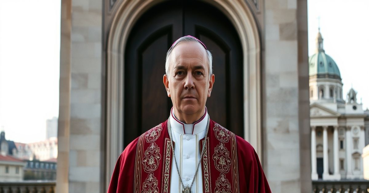 A Catholic bishop stands solemnly before a closed cathedral door, representing the rejection of apostasy and heresy in the modern world.
