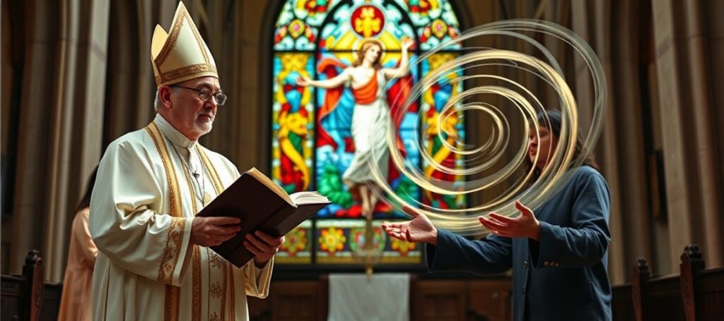 A Catholic bishop in traditional vestments confronts a New Age facilitator promoting pantheistic spirituality in front of a Spanish church.