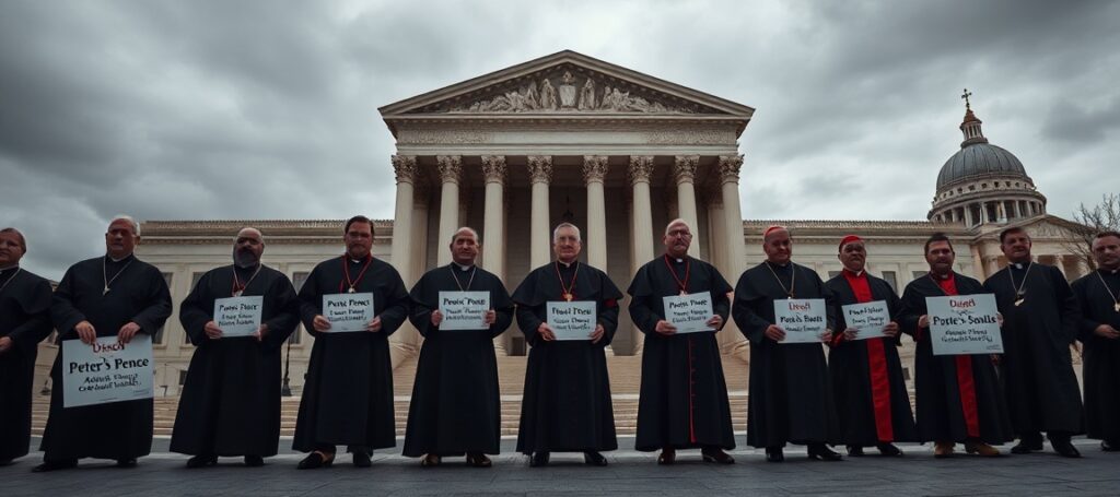 Traditional Catholic bishops protesting outside the U.S. Supreme Court over Peter's Pence misuse by the USCCB