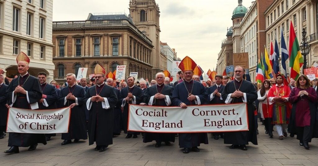 Catholic bishops leading a procession through an English city, highlighting the need for the Social Kingship of Christ and the conversion of England from its modern apostasy.