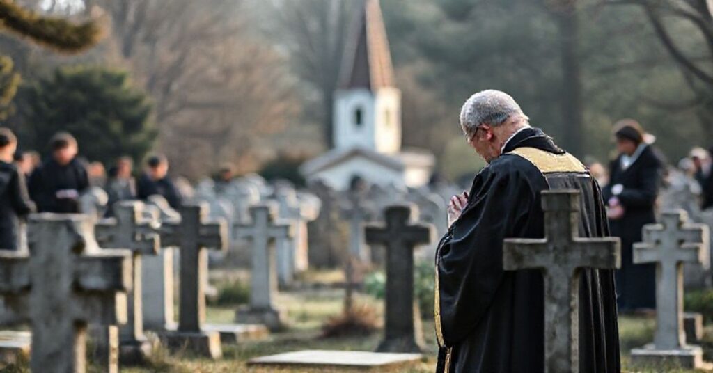 A priest in traditional cassock praying at a graveside in a Catholic cemetery, surrounded by mourners in reverent silence.