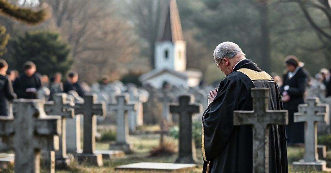 Catholic Cemetery Scene - The Dignity of Death A priest in traditional cassock praying at a graveside in a Catholic cemetery, surrounded by mourners in reverent silence.