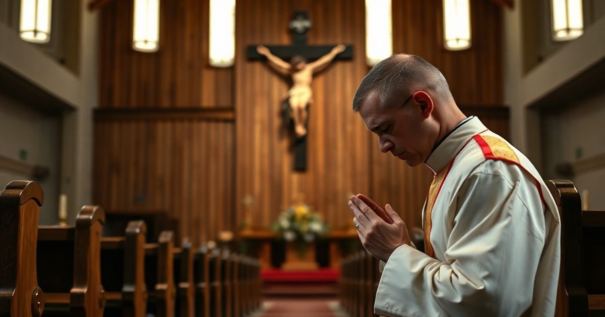 A Catholic chaplain kneeling in prayer before a crucifix in an empty military chapel, symbolizing the loss of sacramental presence during Holy Week.