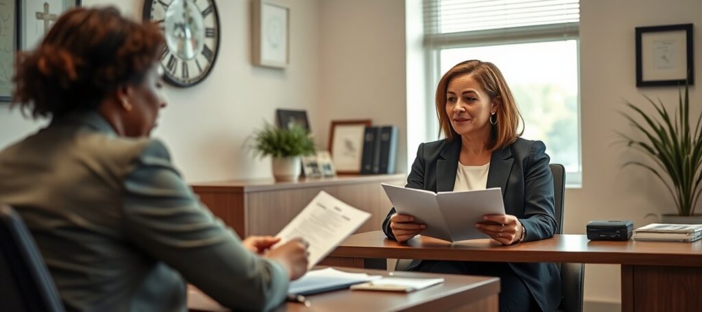 Catholic Charities' secularized Padua program office in Chicago's Englewood neighborhood, where a caseworker meets with a divorced mother under naturalistic charity devoid of sacramental grace