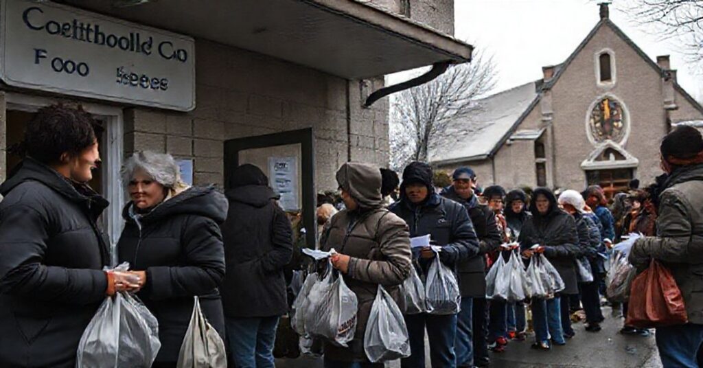 A worried group outside a Catholic Charities food pantry in 2025, with officials Rose Bak and James Malloy amid anxious families waiting for aid.