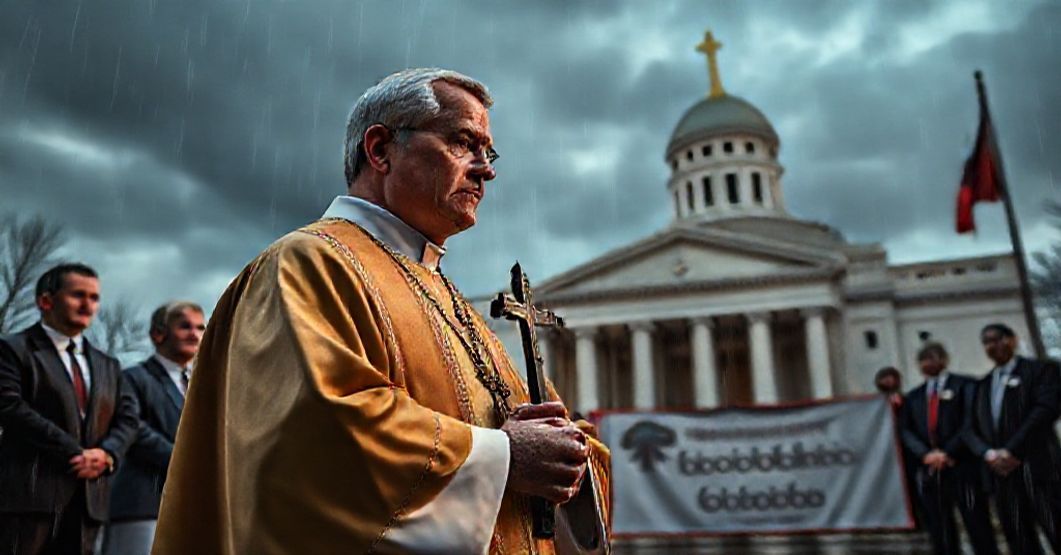A traditional Catholic priest stands resolute before a Wisconsin courthouse, symbolizing the spiritual battle between faith and state.