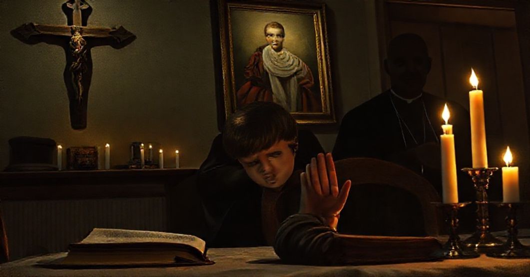 A young Catholic child praying grace before a meal in a modest home, with a crucifix and Pope Pius XI's portrait in the background.