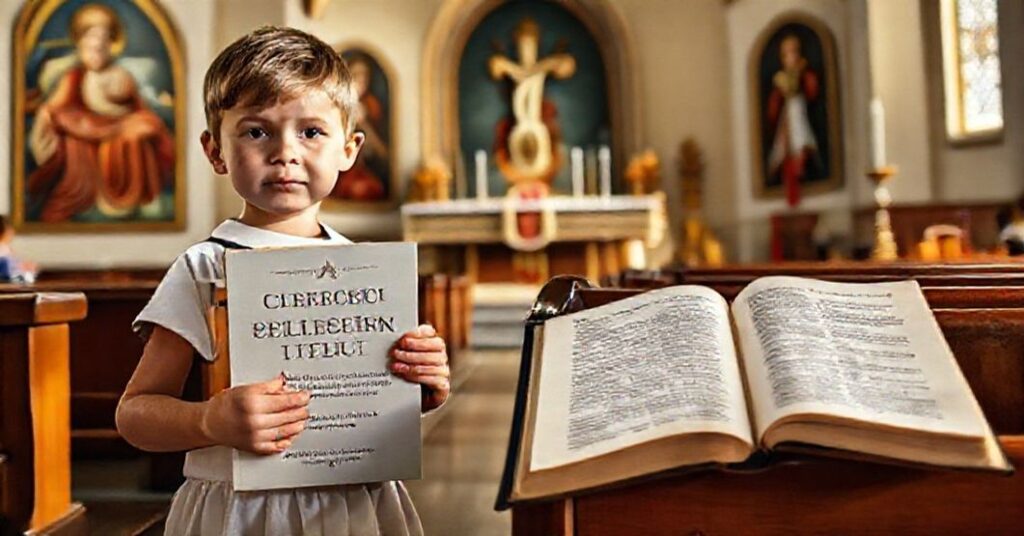 A Catholic child holds a traditional catechism book in a church, contrasting with a discarded modernist children's book promoting Bergoglio's agenda.