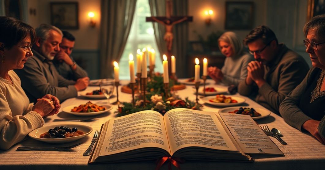 Traditional Catholic family in prayerful silence before a modest Christmas Eve meal with simple seafood dishes and open Bible.