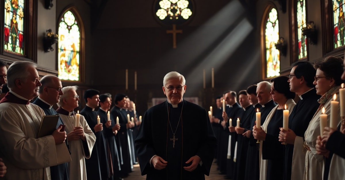 A solemn Catholic church interior with clergy in traditional attire and concerned faithful, highlighting the cover-up of clerical abuse scandals.