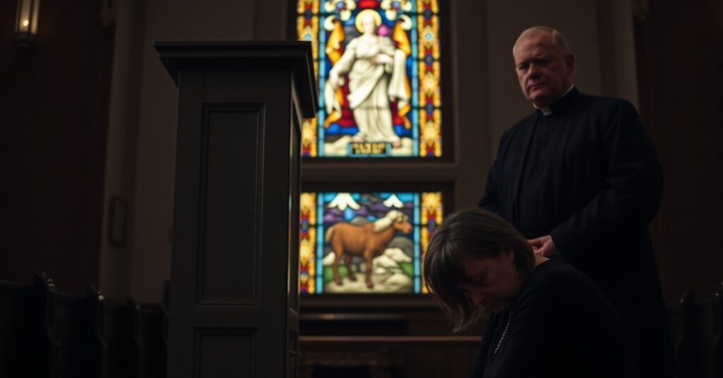 A Catholic church interior with a confessional booth and a distressed woman facing a stern priest, symbolizing repentance and institutional failure in Catholic Charities.