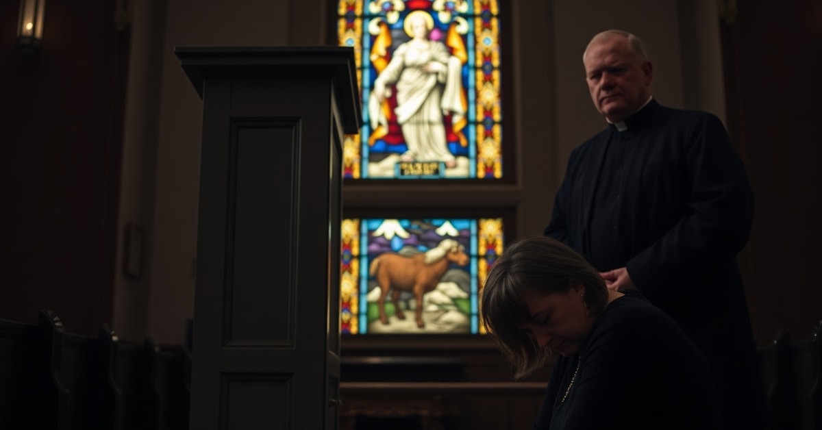 A Catholic church interior with a confessional booth and a distressed woman facing a stern priest, symbolizing repentance and institutional failure in Catholic Charities.