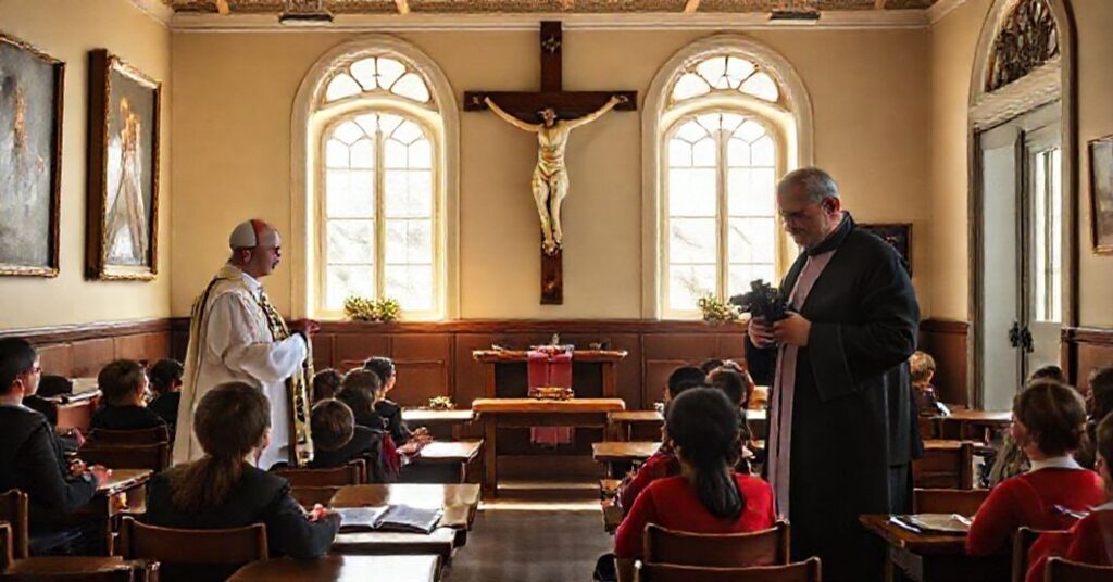 Traditional Catholic classroom under threat of French state inspection, emphasizing the struggle between true Catholic education and secular intrusion.