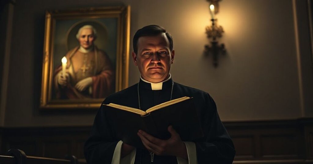 Catholic clergyman in traditional attire reflecting on spiritual crisis in a dimly lit church.