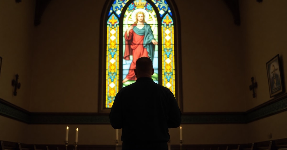 Catholic coach Nick Rolovich in prayerful reflection in a chapel with Christ the King stained glass window.