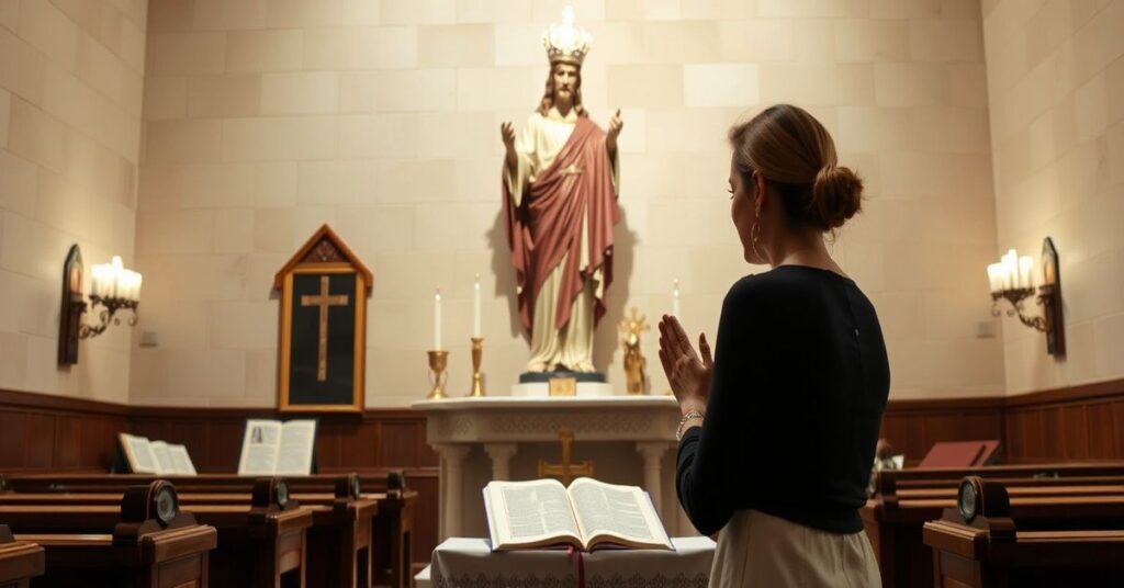 Catholic counselor Kaley Chiles praying before Christ the King statue in a traditional church setting.