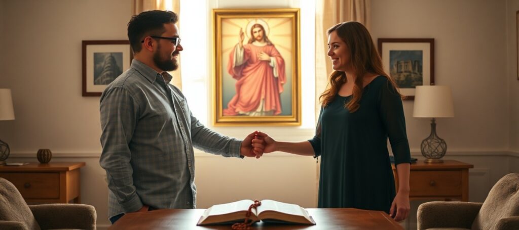 Shane and Jenn DeGross, a Catholic couple, stand resolute in their living room with Christ the King imagery, symbolizing their fight for religious freedom in foster care against Washington state's gender ideology policies.