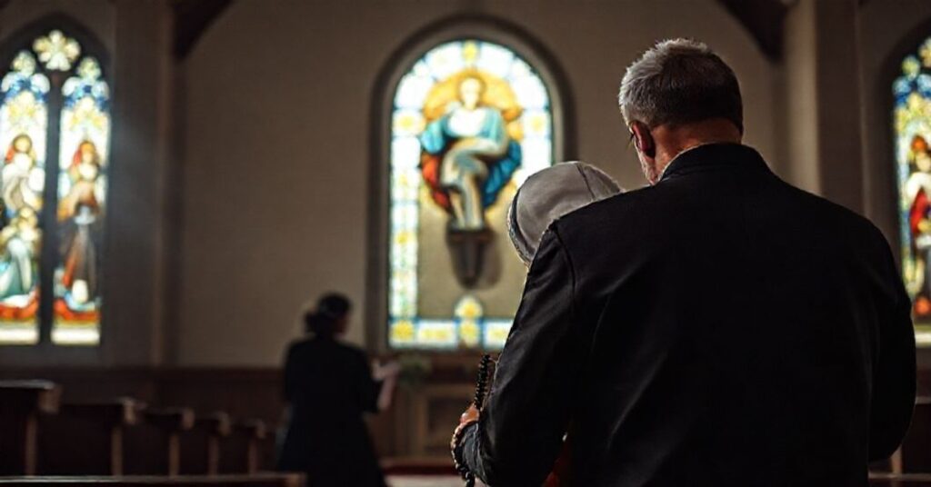 Traditional Catholic couple praying in church with legislative figures in shadow against Sacred Heart imagery
