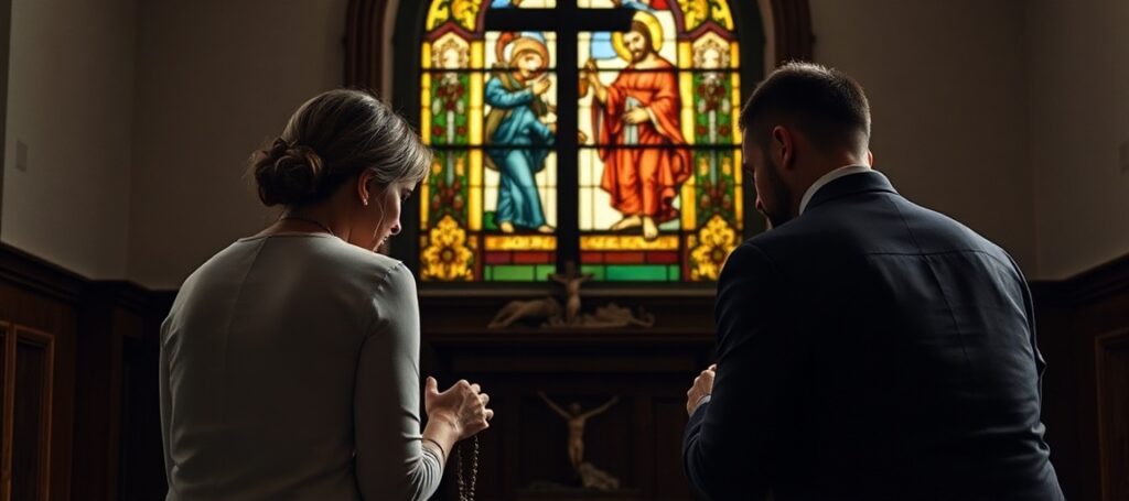A Catholic couple kneeling in prayer before a crucifix in a traditional chapel, bathed in soft light from a stained-glass window of Christ the King.