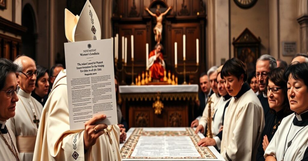 A reverent Catholic gathering in a historic church setting, with a bishop holding a controversial Vatican document on women's leadership, surrounded by somber-faced clergy and laity.