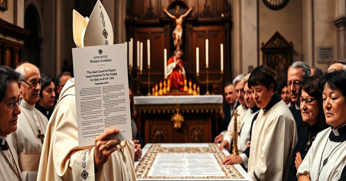 A reverent Catholic gathering in a historic church setting, with a bishop holding a controversial Vatican document on women's leadership, surrounded by somber-faced clergy and laity.