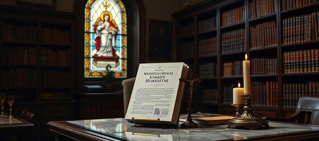 Traditional Catholic bishop's office with an encyclical by Leo XIV on display