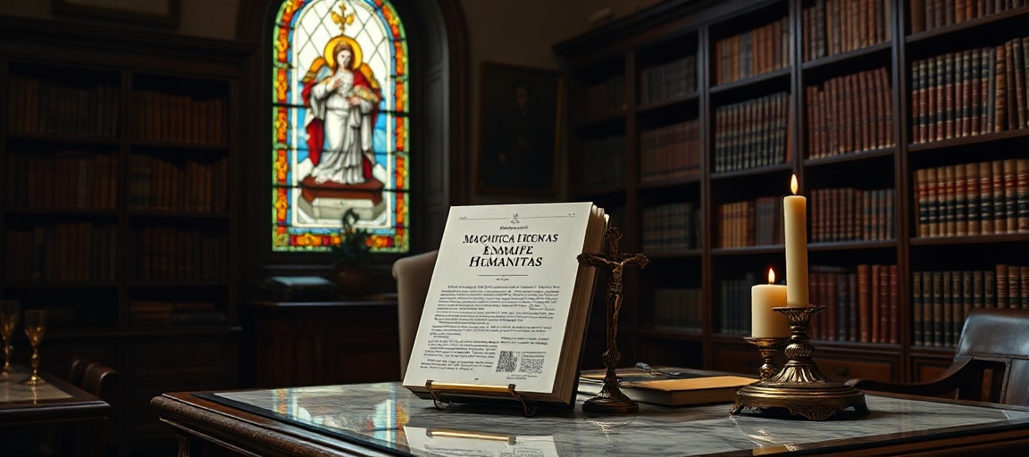 Traditional Catholic bishop's office with an encyclical by Leo XIV on display