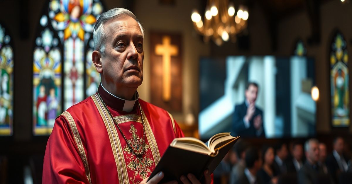 A solemn Catholic bishop in traditional vestments stands in a church, contrasting with a blurred image of Bishop Robert Flock lecturing on 'spiritual intelligence' to symbolize the critique of naturalism in spiritual matters.