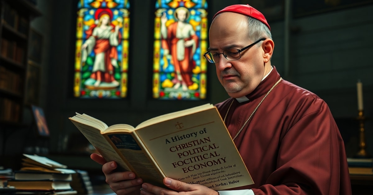 A traditional Catholic priest in a church studying a book on Christian political economy, with a stained-glass window of Christ the King in the background.