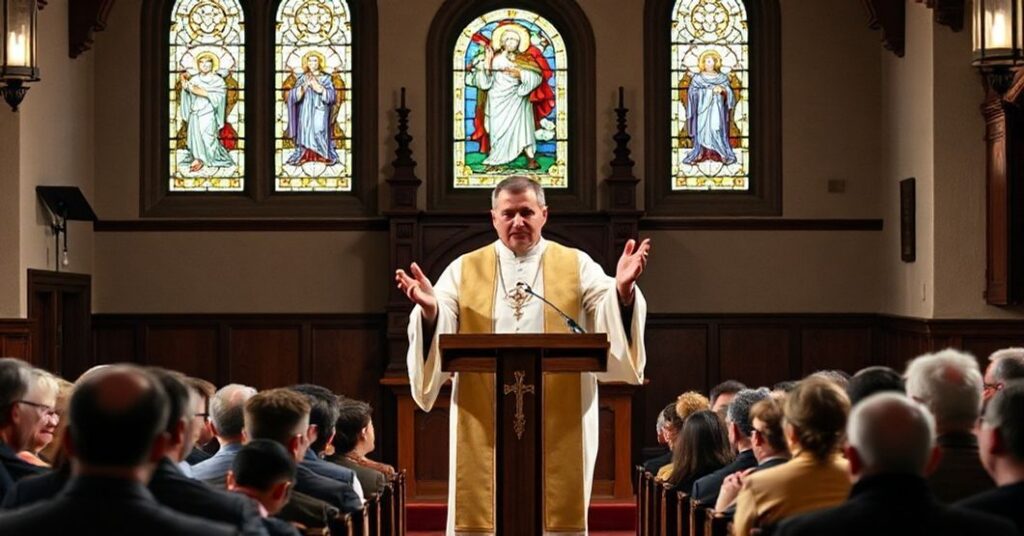 A reverent Catholic priest addressing a congregation in a historic church, criticizing nationalist politics under the true Social Reign of Christ the King.