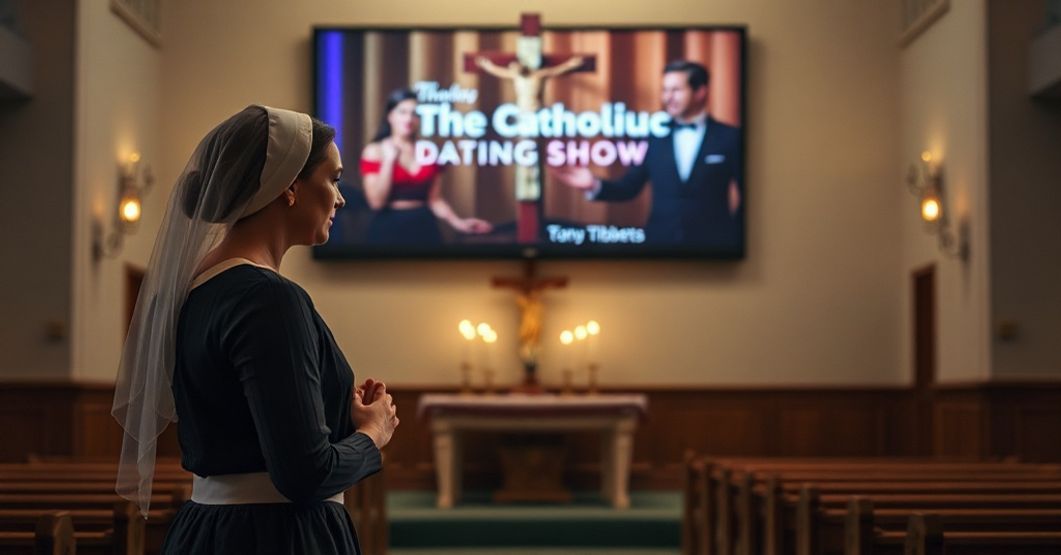 A Catholic woman in traditional attire praying in an empty chapel with a blurred screen displaying The Catholic Dating Show behind her.