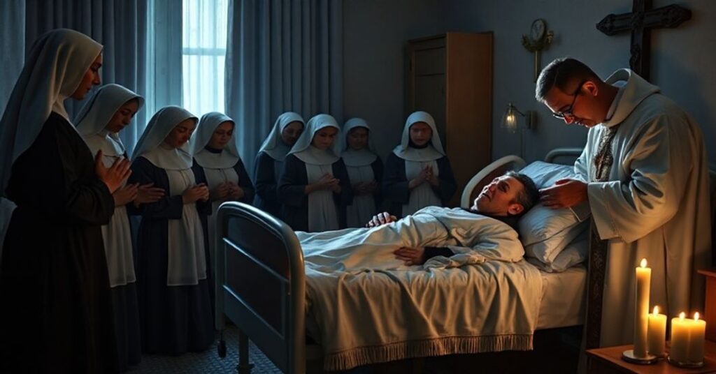 A reverent Catholic scene depicting the administration of Last Rites to a dying man by a traditional priest, surrounded by Sisters of Mercy and his family in prayer.