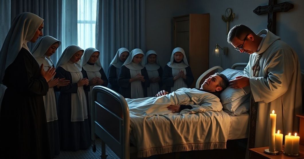 Catholic Death Ministry with Sacramental Grace A reverent Catholic scene depicting the administration of Last Rites to a dying man by a traditional priest, surrounded by Sisters of Mercy and his family in prayer.