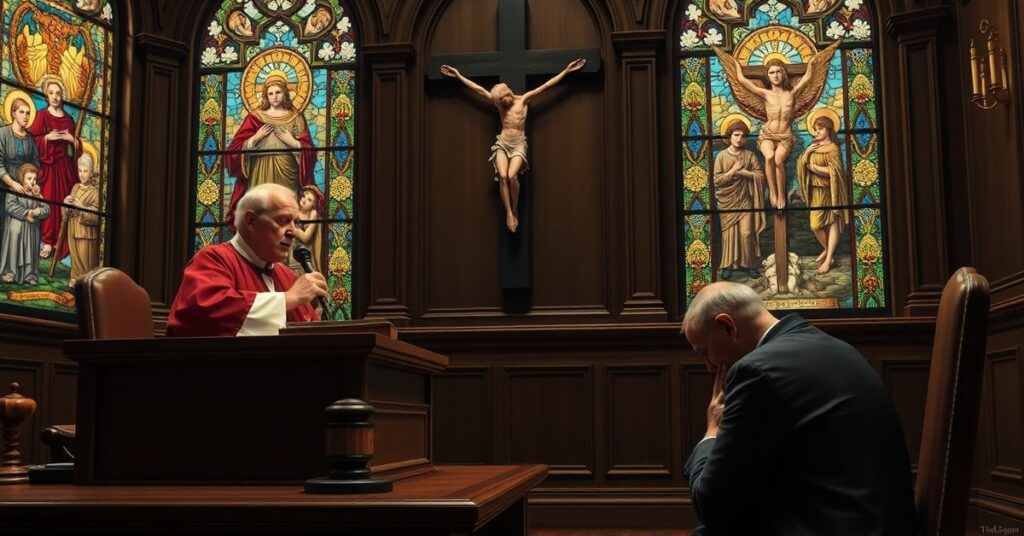 A traditional Catholic courtroom scene with a judge upholding justice and a condemned man in prayer before a crucifix, reflecting the Church's teaching on the death penalty.