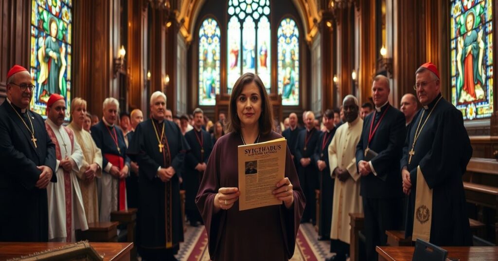 Catholic woman defiantly stands against a Masonic-influenced commission in a cathedral hall, symbolizing the struggle between traditional Catholic teachings and modernist apostasy.