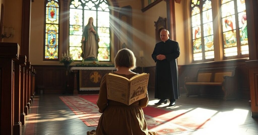 Devout Catholic woman praying before a statue of Our Lady with 'Co-Redemptrix' in a traditional church interior.