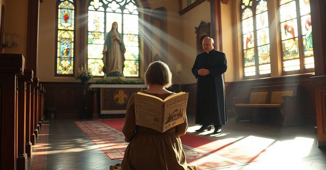 Devout Catholic woman praying before a statue of Our Lady with 'Co-Redemptrix' in a traditional church interior.