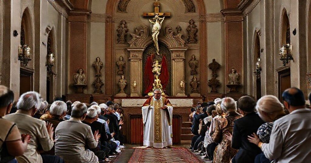 Devout Catholics kneeling in prayer in front of a traditional Mexican church receiving last rites from a priest.