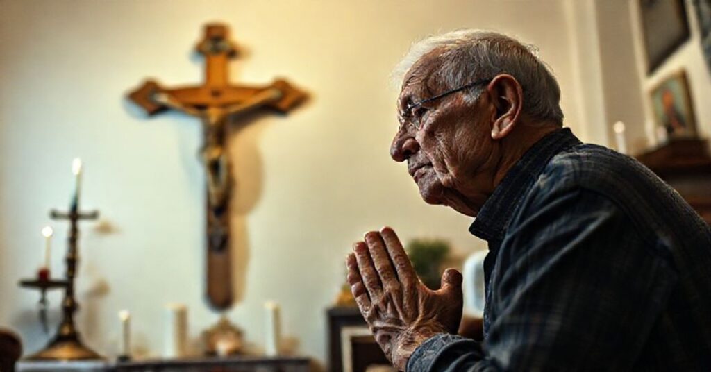 Elderly Catholic resident kneeling in prayer before a crucifix in an Istanbul care home chapel, embodying traditional Catholic faith amidst modernist heresy.
