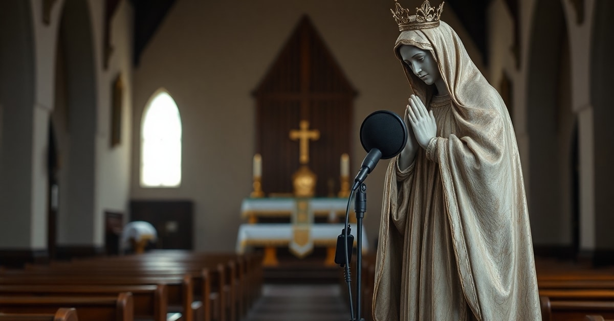 A traditional Catholic church with a statue of Our Lady of Sorrows facing a modern podcast microphone on a lectern, symbolizing the conflict between authentic faith and modern media trivialization.