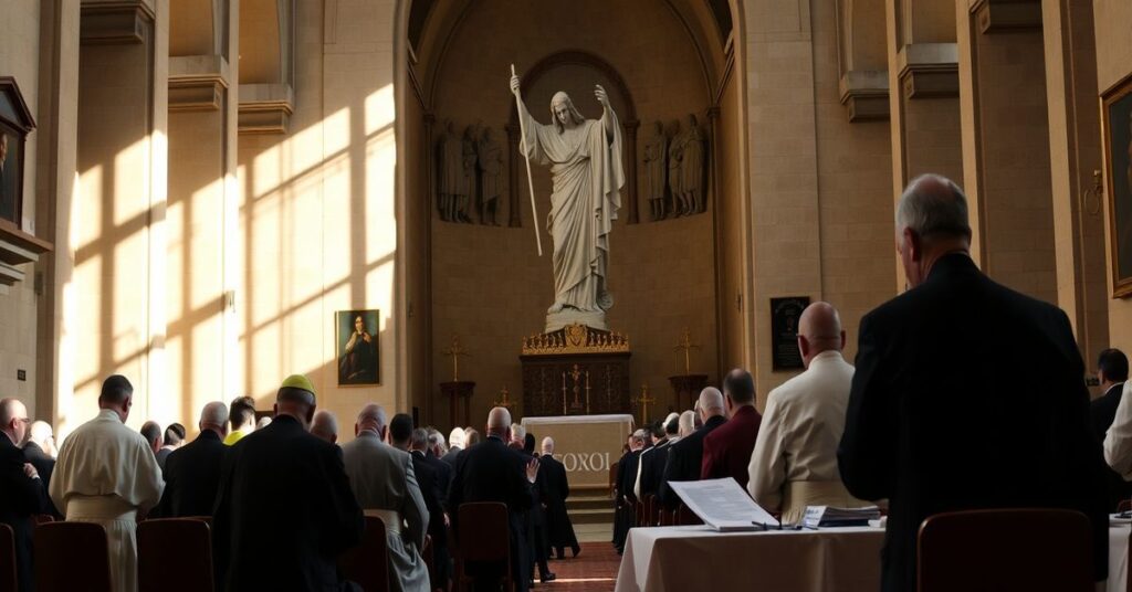 Catholic bishops and faithful praying before Christ the King statue against UN backdrop, symbolizing battle against abortion and secularism.
