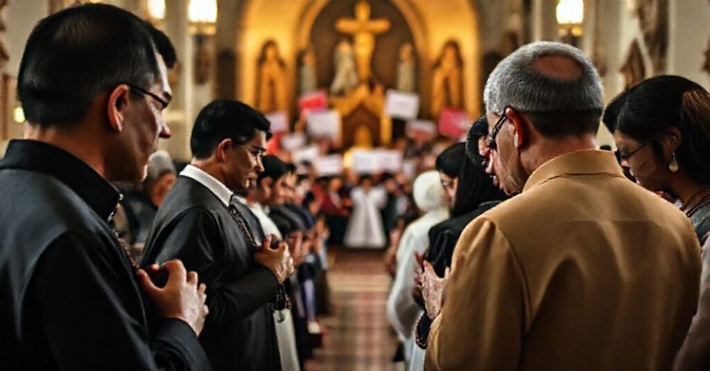 Traditional Catholic faithful praying the Rosary in a church, contrasting with distant blurred protests in the Philippines.
