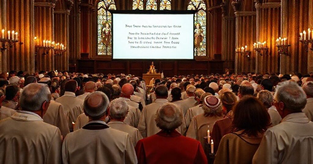 Traditional Catholic faithful in a cathedral reacting with solemn dismay to antipope Leo XIV's World Peace Day message.