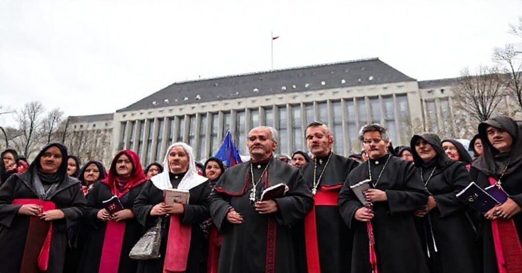 Catholic families and leaders in front of the EU Parliament building, symbolizing resistance to ideological persecution and defense of traditional family values.
