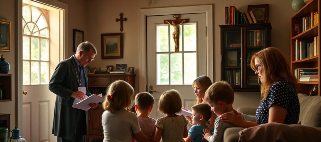 A Catholic family praying together in their home while a state official stands at the door, symbolizing the conflict between parental rights and state intrusion in Connecticut's homeschooling legislation.