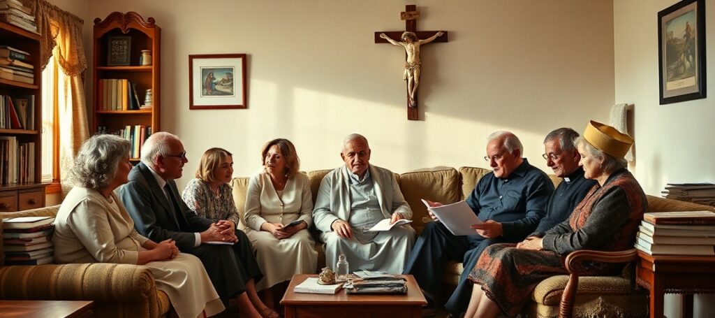 A Catholic family of 16 discusses financial prudence in a modest home with a crucifix on the wall.