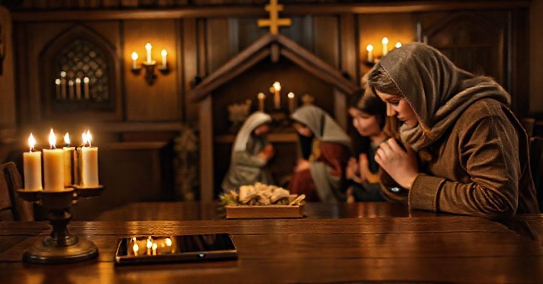 A devout Catholic family praying together during Advent in front of a traditional Nativity scene.